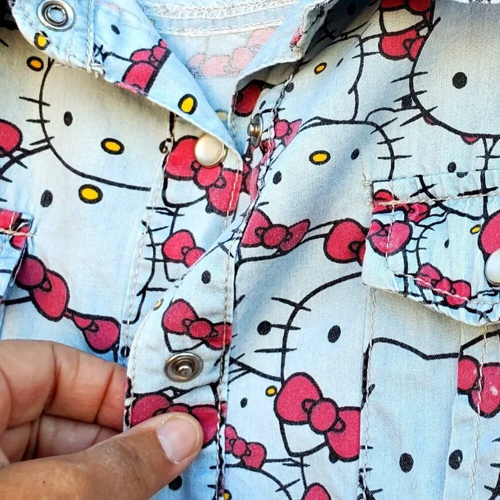 Hello Kitty Pearl Snap Shirt Cotton Long Sleeve Western Womens S Blue Gray - Picture 2 of 10